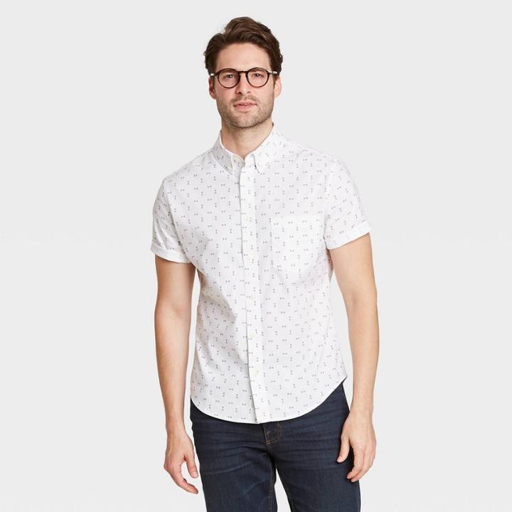 Men's Abstract Print Slim Fit Stretch Poplin Short Sleeve Button-down Shirt - Goodfellow & Co Off-white
