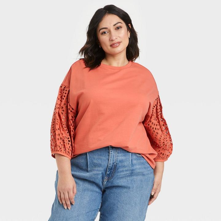 Women's Plus Size Long Sleeve Round Neck Eyelet Top - A New Day Orange