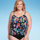 Women's Upf 50 V-neck Angled Tiered Tankini Top - Aqua Green Multi Floral Print X