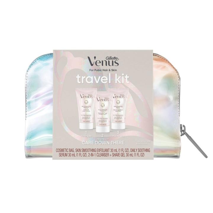 Venus For Pubic Hair & Skin Travel Kit - Includes Smoothing Exfoliator, 2-in-1 Cleanser, Soothing Serum & Travel Bag