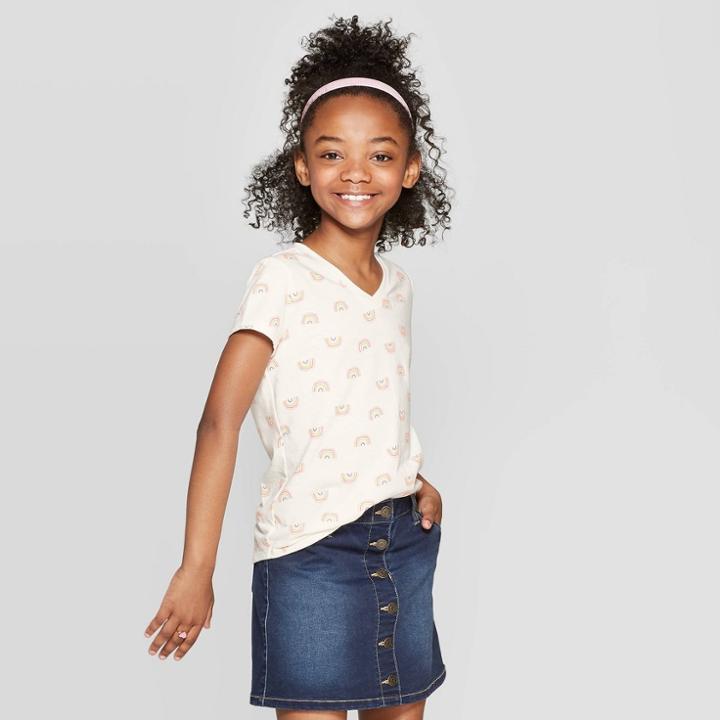 Girls' Short Sleeve Rainbow Print V-neck T-shirt - Cat & Jack Cream