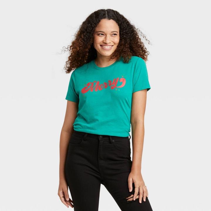 Fifth Sun Women's Holiday Merry Short Sleeve Graphic T-shirt - Green