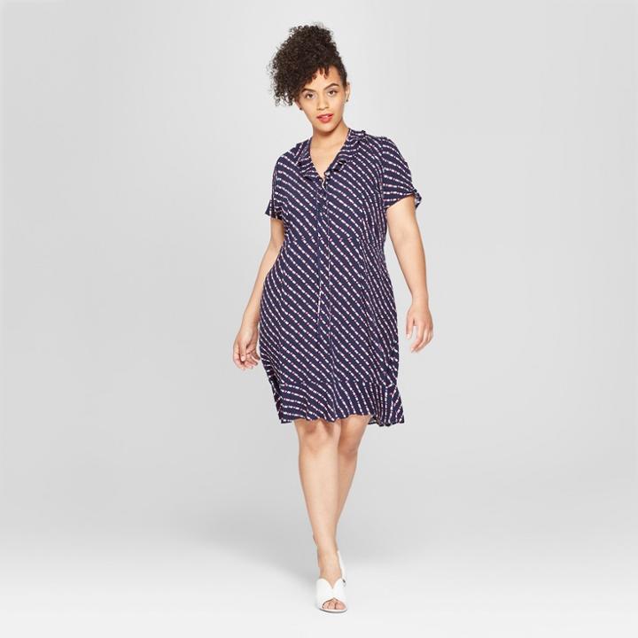 Women's Plus Size Polka Dot Short Puff Sleeve Lace-up Mini Dress - Who What Wear Navy Polka Dot 4x, Size: