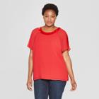 Women's Plus Size Velvet Trim Neckline Short Sleeve Top - Ava & Viv Red
