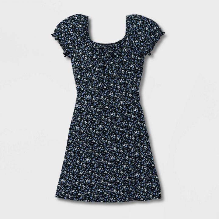 Girls' Puff Sleeve Floral Knit Dress - Art Class Black