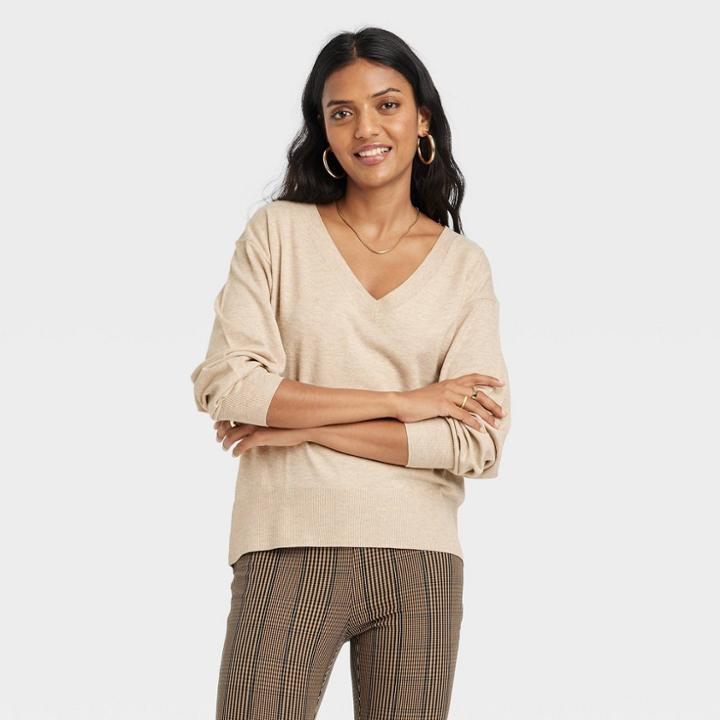 Women's Fine Gauge V-neck Sweater - A New Day Oatmeal