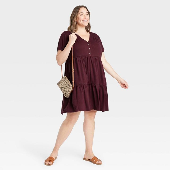 Women's Plus Size Short Sleeve Button-front Knit Tiered Babydoll Dress - Knox Rose Purple