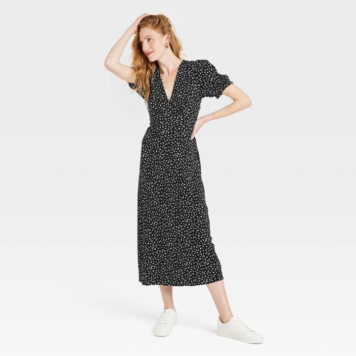 Women's Puff Short Sleeve Dress - A New Day Black Hearts