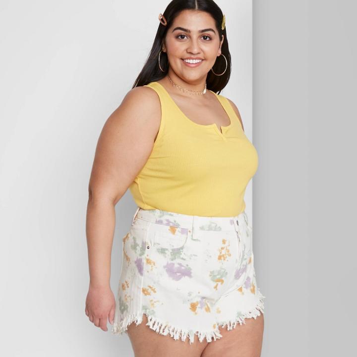 Women's Plus Size High-rise Frayed Hem Jean Shorts - Wild Fable White Tie-dye
