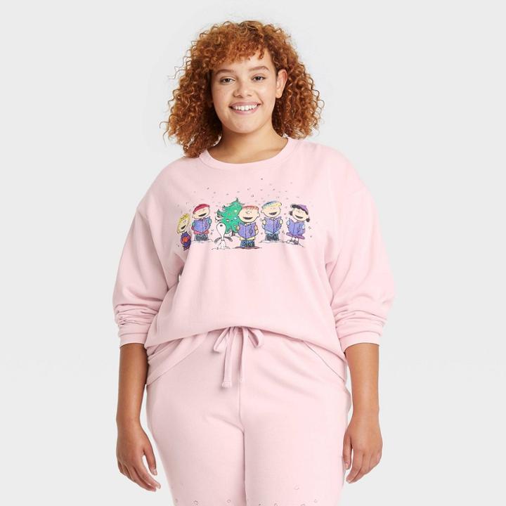 Women's Peanuts Plus Size Holiday Graphic Sweatshirt - Pink
