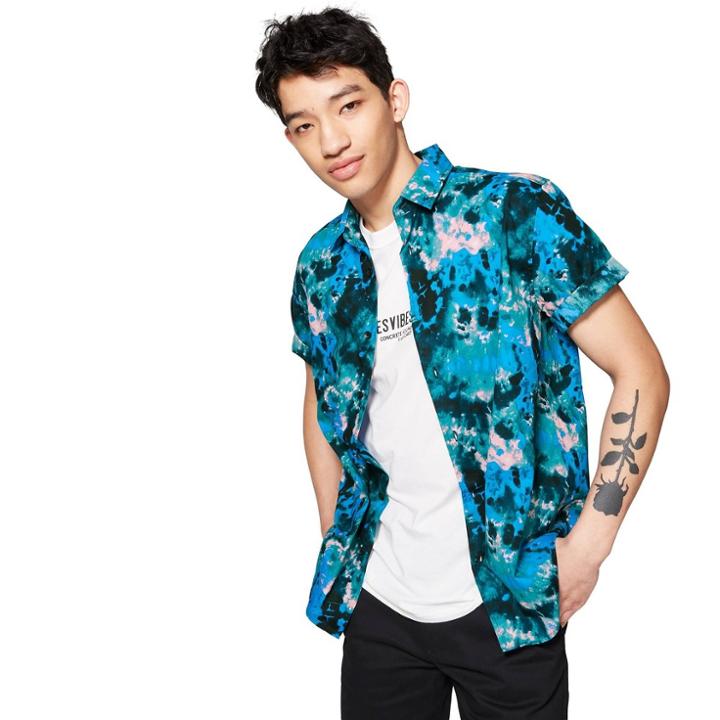 Men's Printed Short Sleeve Button-down Shirt - Original Use Teal Blue