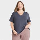 Women's Plus Size Short Sleeve V-neck Drapey T-shirt - A New Day Dark Blue