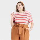 Women's Plus Size Striped Short Sleeve Linen T-shirt - A New Day Coral