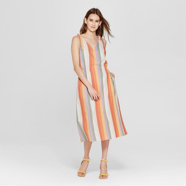 Women's Striped Tie Shoulder V-neck Midi Dress - Mossimo S,