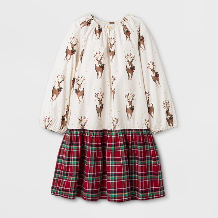 Happy By Pink Chicken Girls' Reindeer Woven A Line Dress - Cream