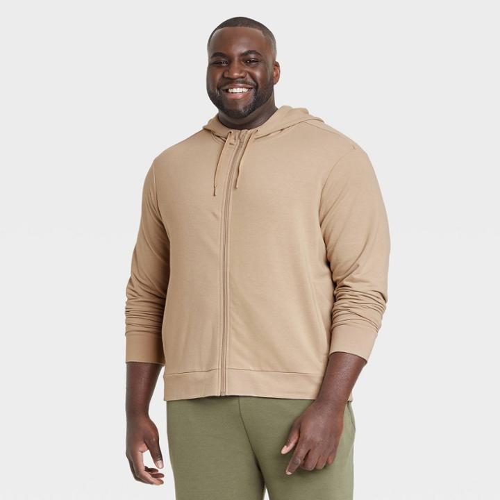 Men's Big & Tall Soft Gym Full Zip Hooded Sweatshirt - All In Motion Khaki