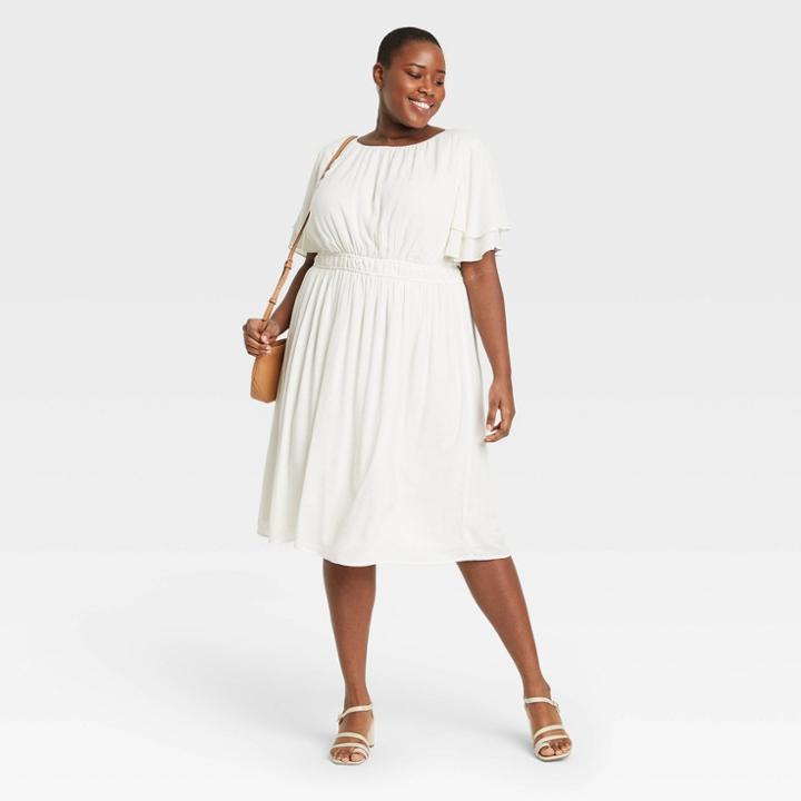 Women's Plus Size Short Sleeve Flutter Dress - Ava & Viv White X
