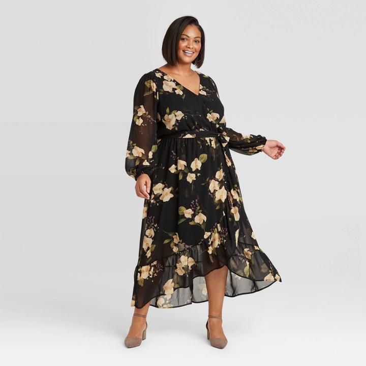 Women's Plus Size Floral Print Long Sleeve Wrap Dress - Ava & Viv Black X