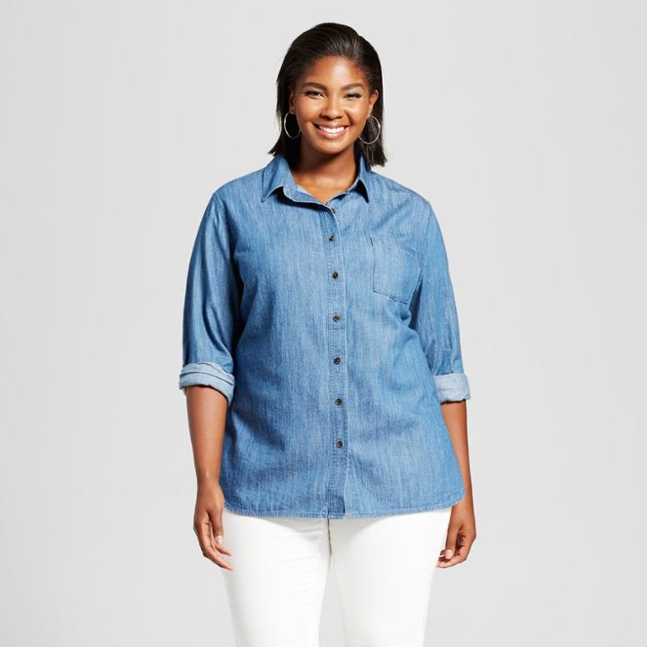 Women's Plus Size Denim Button-down Shirt - Ava & Viv Medium Wash