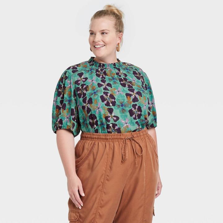 Women's Plus Size Short Sleeve Mock Turtleneck Blouse - Knox Rose Green Floral