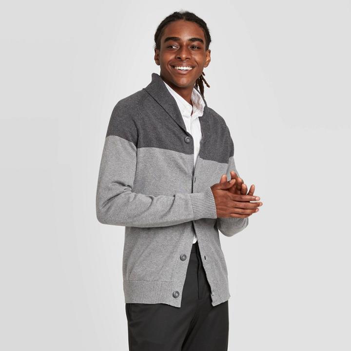 Men's Colorblock Regular Fit Button-down Shawl Sweater - Goodfellow & Co Gray