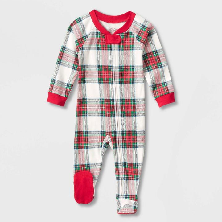 Baby Holiday Tartan Plaid Flannel Matching Family Footed Pajama - Wondershop Cream