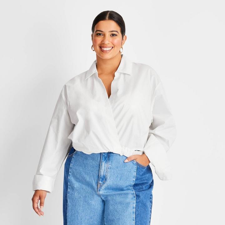 Women's Plus Size Long Sleeve Crop Blouse - Future Collective With Kahlana Barfield Brown White