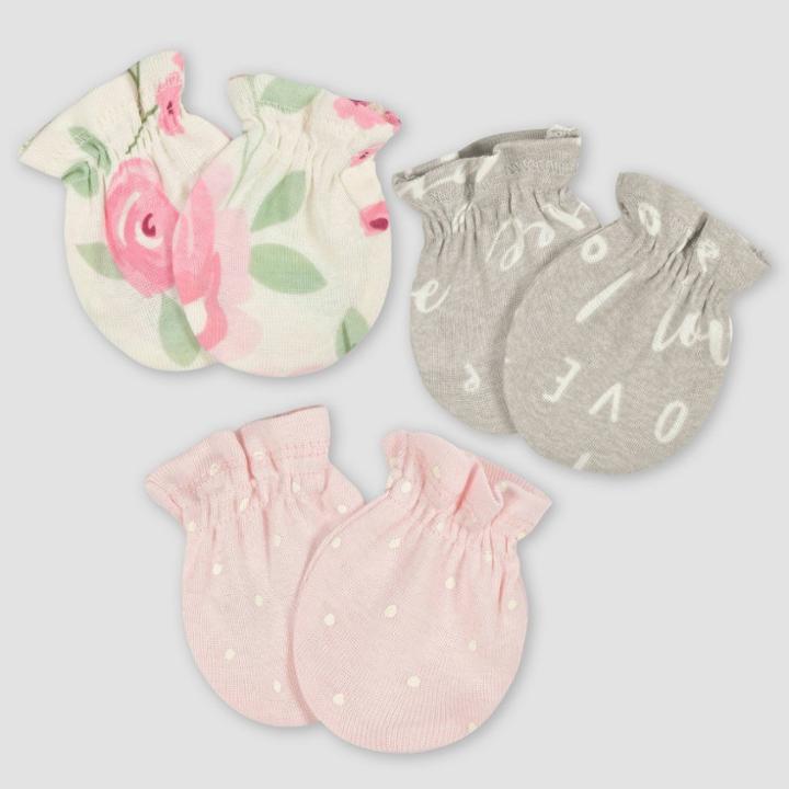 Gerber Baby 3pk Floral Mittens - White/gray/light Pink