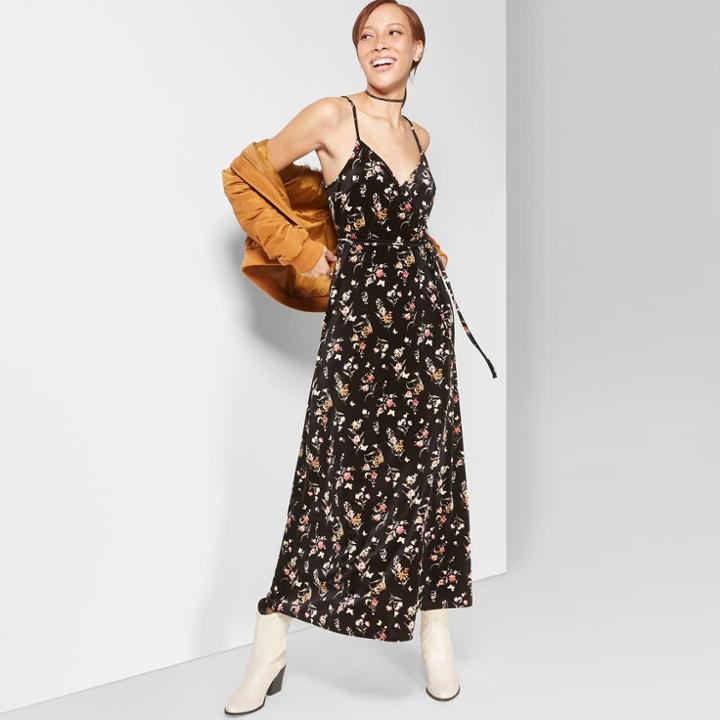Women's Floral Print Strappy Wrap Velvet Maxi Dress - Wild Fable Black