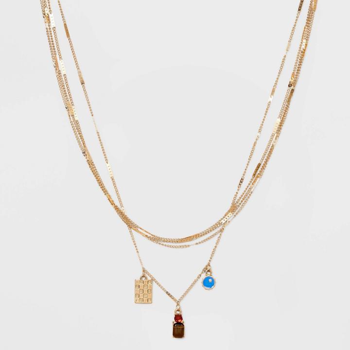 Checkerboard And Medallion Charm With Semi-precious Tiger's Eye Chain Necklace - Universal Thread Gold
