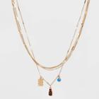 Checkerboard And Medallion Charm With Semi-precious Tiger's Eye Chain Necklace - Universal Thread Gold
