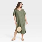 Women's Plus Size Relaxed Dolman Short Sleeve Linen Dress - Ava & Viv Green X