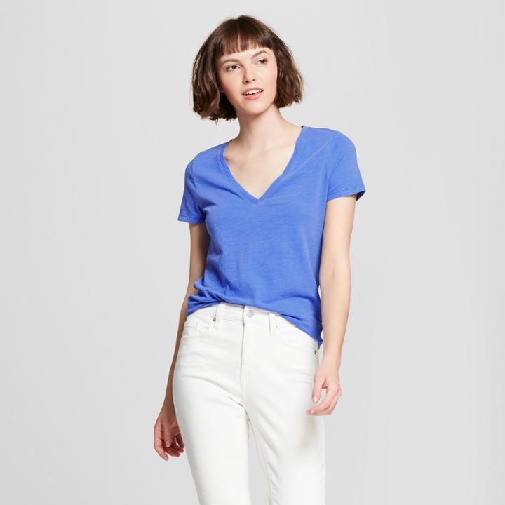 Women's Short Sleeve Vintage V-neck T-shirt - A New Day Neon Blue