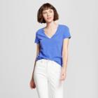 Women's Short Sleeve Vintage V-neck T-shirt - A New Day Neon Blue