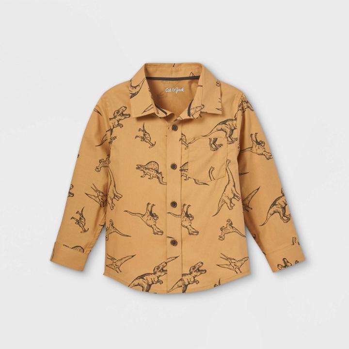 Toddler Boys' Dino Print Woven Poplin Long Sleeve Button-down Shirt - Cat & Jack Brown