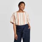 Women's Plus Size Striped Short Sleeve Linen Cuff T-shirt - A New Day Pink 1x, Women's, Size: 1xl,