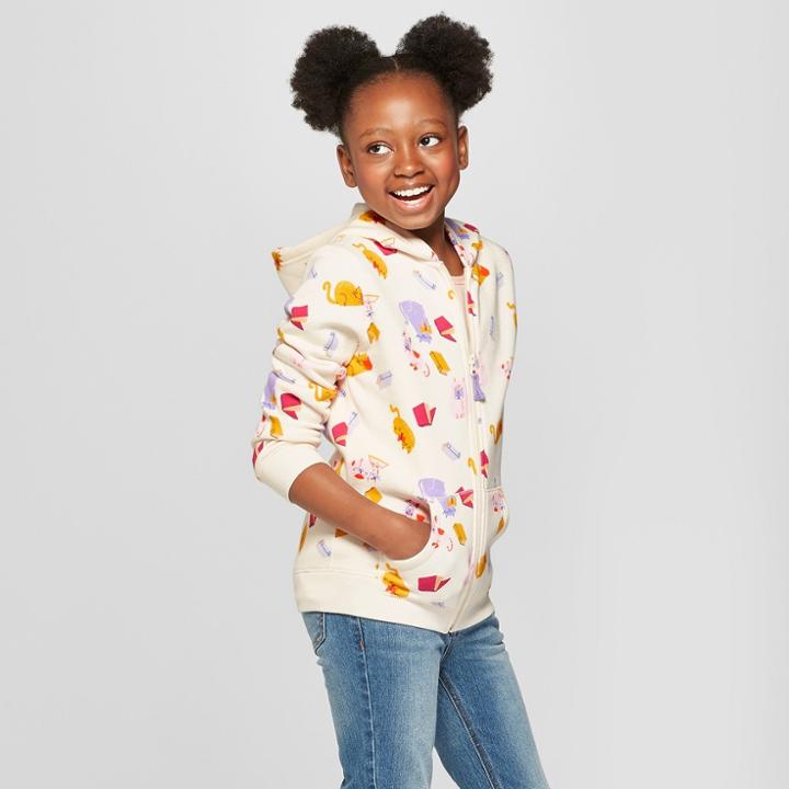 Girls' Cat Print Zip-up Fleece Hoodie - Cat & Jack Cream