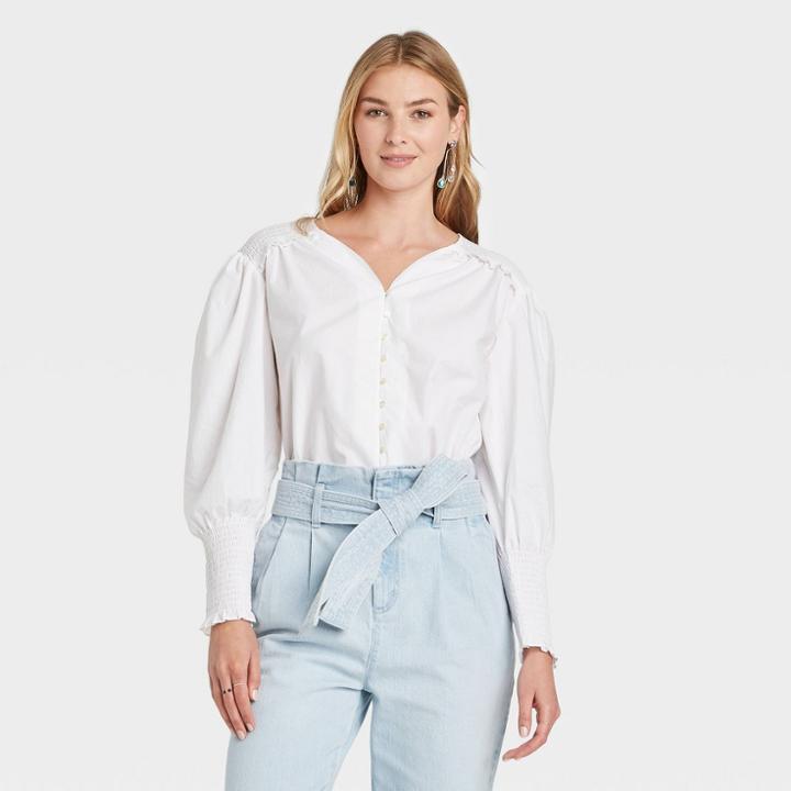 Women's Long Sleeve Smocked Poplin Top - A New Day White