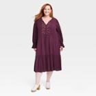 Women's Plus Size Long Sleeve Embroidered A-line Dress - Knox Rose Plum Purple