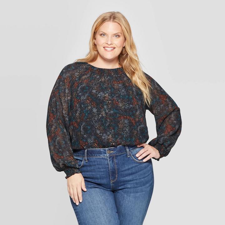 Women's Plus Size Floral Print Long Sleeve Smocked Crewneck Top - Ava & Viv Black X, Women's