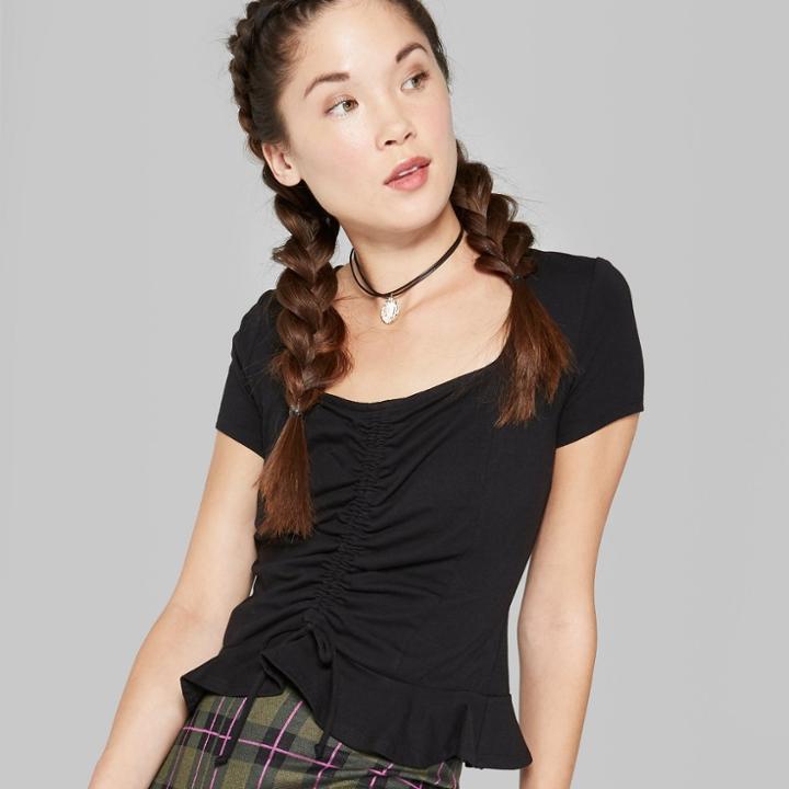 Women's Short Sleeve Cinch Front Peplum Blouse - Wild Fable Black