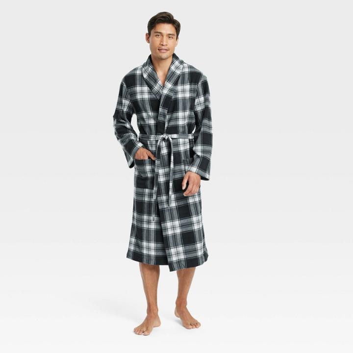Men's Plaid Microfleece Robe - Goodfellow & Co Black