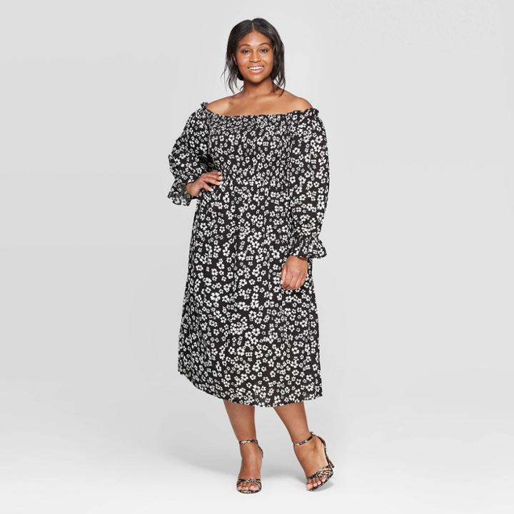 Women's Plus Size Floral Print Elbow Sleeve Square Neck Shirred Midi Dress - Who What Wear Black X