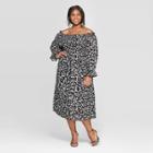 Women's Plus Size Floral Print Elbow Sleeve Square Neck Shirred Midi Dress - Who What Wear Black X