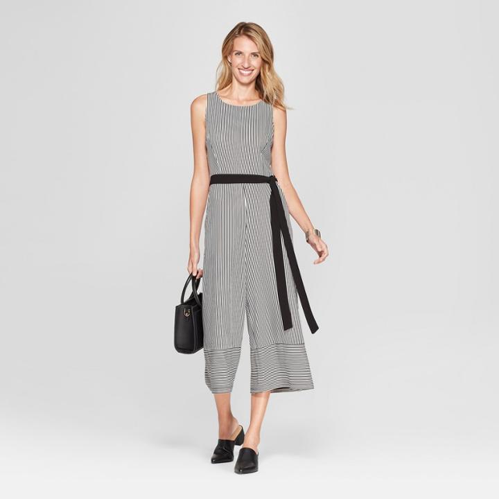 Women's Striped Print Wideleg Jumpsuit With Back Cutout - Melonie T - White/black