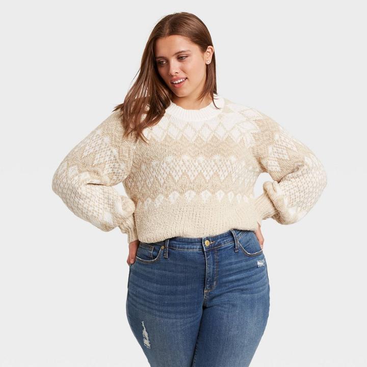 Women's Plus Size V-neck Fair Isle Pullover Sweater - Ava & Viv Off-white X