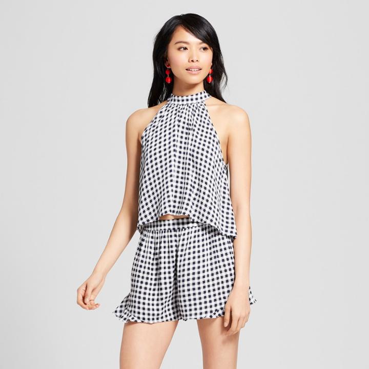 Women's Gingham High Neck Crop Top - Xhilaration Navy (blue)