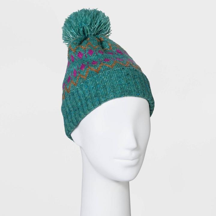 Women's Lined Fair Isle Pom Beanie - Universal Thread Blue