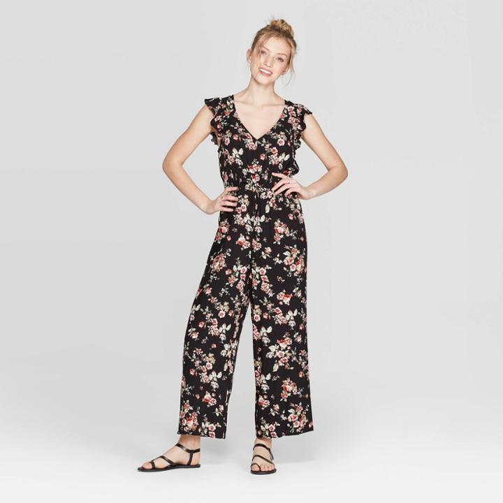 Women's Floral Print Flutter Short Sleeve V-neck Smocked Waist Jumpsuit - Xhilaration Black