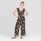 Women's Floral Print Flutter Short Sleeve V-neck Smocked Waist Jumpsuit - Xhilaration Black